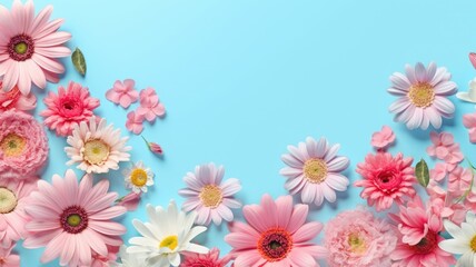 Delicate pink and white flowers on a soft blue background. A close up of pink flowers with slender petals and a yellow center against a blue background. Floral design concept for springtime. AIG35.