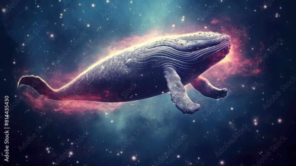 Poster surreal art design of a whale floating in space with a cosmic background and starry sky. digital art
