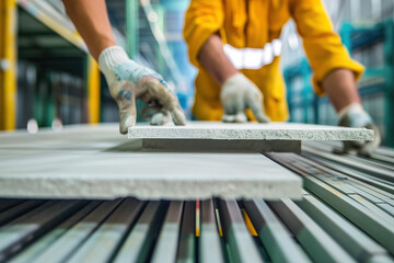 Workers assemble drywall panels on factory line, production process in factory.