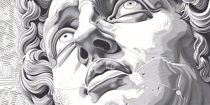 Intricately carved vintage visage - print. Linear design (ornamentation) of old Hellenic likeness (detailed male head). Digital illustration for historic currency design of ancient image.