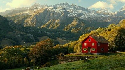 Obraz premium Encantadora Casa Roja Aislada en la Montaña: Norte de Europa