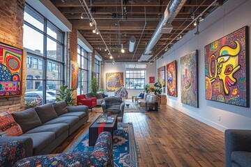 An art gallery with large colorful paintings on the walls. Couches and chairs are arranged in the center of the room.