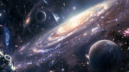 Obraz premium A mesmerizing cosmic view with planets and a galaxy observed from a telescope