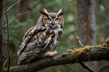 Fototapeta premium A great horned owl resting on a branch