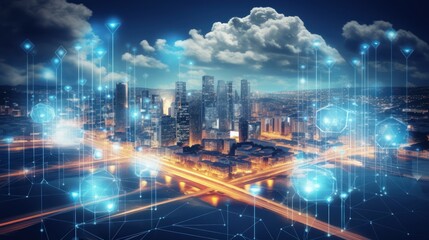 Fototapeta premium Cloud computing concept - Smart city with a wireless internet power network around buildings in a futuristic city.