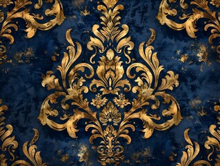 Regal Tapestry Pattern with Historic Golden Motifs on Royal Blue Luxury Background
