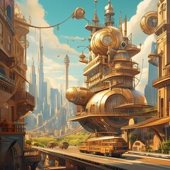 Fototapeta premium A futuristic steampunk cityscape with towering brass buildings, intricate gear mechanisms