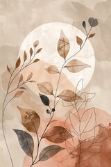 Tranquil Botanical Line Art: Japandi Style Digital Illustration in Earthy Tones with Soft Textures