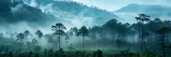 Landscape pine tree forest in the mist at Phu Soi Dao national park Uttaradit province Thailand...