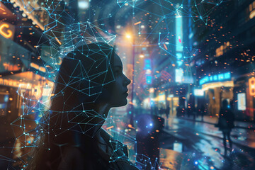 Profile of a woman overlaid with digital mesh network, city background.