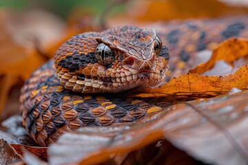 Obraz premium Gaboon Adder: Coiled on forest floor with broad head and camouflage pattern, representing ambush predator.