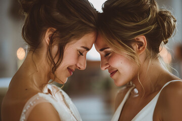 Young smiling couple of lesbian brides in wedding dresses facing each other