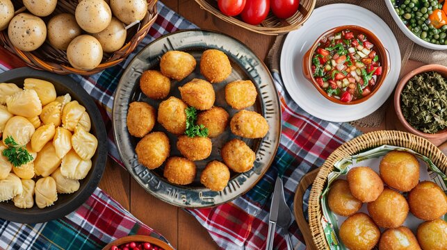 Traditional Brazilian June celebration fare on checkered cloth.