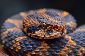 Gaboon Adder: Coiled on forest floor with broad head and camouflage pattern, representing ambush predator.