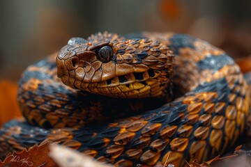 Fototapeta premium Gaboon Adder: Coiled on forest floor with broad head and camouflage pattern, representing ambush predator.