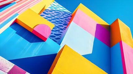 Crafted Landscape: Vivid Geometric Shapes Bathed in Sunlight, Evoking a Bold and Playful Urban...