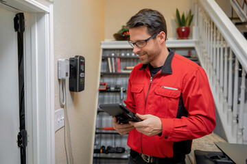 Technician inspecting HVAC system, ensuring efficiency and comfort in modern residential setting.