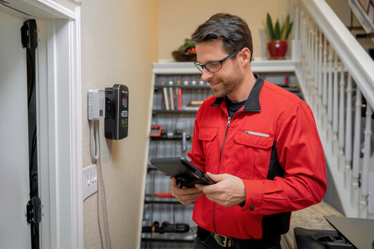 Technician inspecting HVAC system, ensuring efficiency and comfort in modern residential setting.
