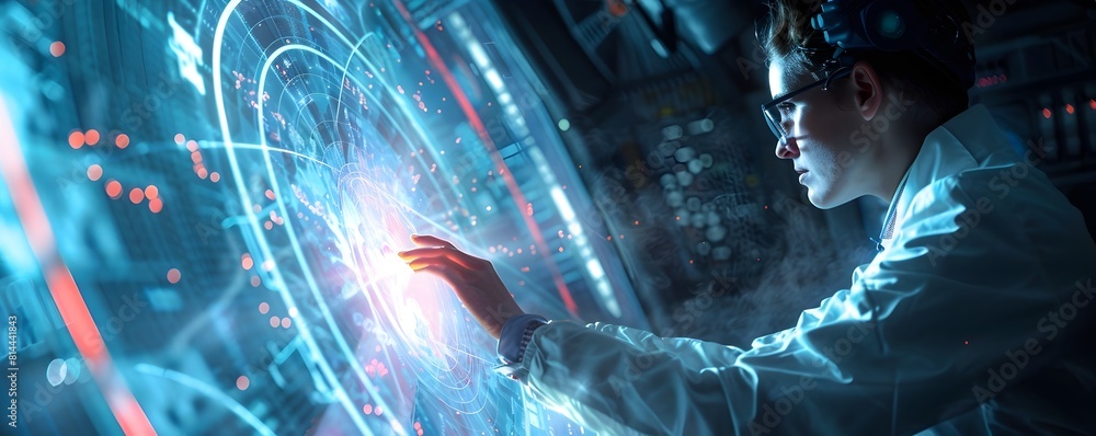 Poster a scientist in a high tech lab creating a holographic map of the universe a science fiction and futu