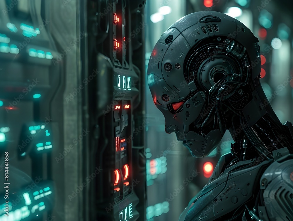 Poster rogue controlling a dark cybernetic hub of networked machines and digital dominance