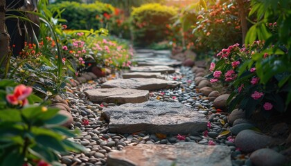 Scenic Garden Walkway with Pink and Red Blooms, Greenery, and Sunlit Pebbled Path. Generative AI