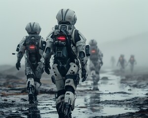 A group of soldiers in advanced exoskeleton armor cautiously navigating through a desolate post apocalyptic landscape
