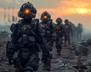 A group of soldiers in advanced exoskeleton armor cautiously navigating through a desolate post apocalyptic landscape