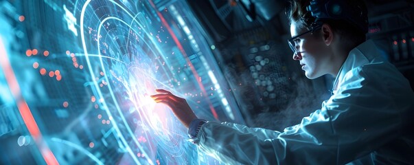 A scientist in a high tech lab creating a holographic map of the universe a science fiction and futuristic concept with space for copy