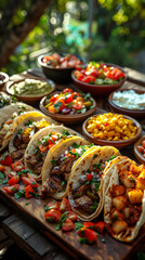 Sunlit tacos on a wooden board in a garden setting. Trendy Mexican food.