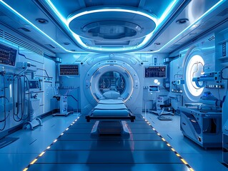 Futuristic Medical Bay Utilizing Advanced Nanotechnology and Digital Interfaces for Rapid Healing and Treatment in a Sleek High Tech Clinical