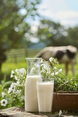 Glass pitcher and glass of milk on a rustic table with white flowers, with a blurred background of a cow in a green field, symbolizing the freshness and origin of dairy products, world milk day