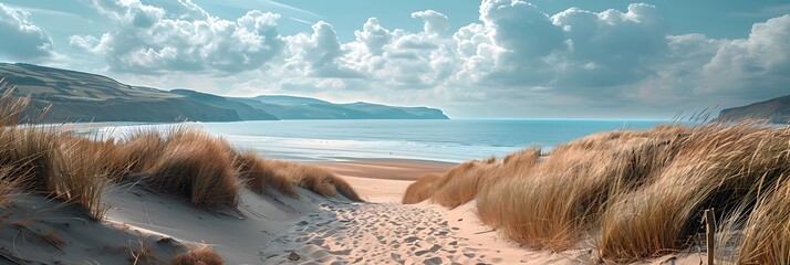 Landscape scene of Talybont beach and sand dunes in North Wales on a summer day realistic nature...