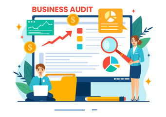 Business Audit Documents Vector Illustration with Charts, Accounting, Calculations and Financial Report Analysis in Flat Cartoon Background