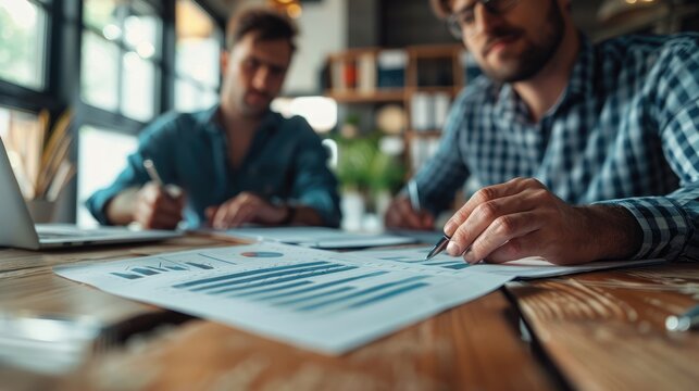 A close-up shot captures the intense concentration on the faces of two colleagues as they pore over documents during a meeting. Their meticulous analysis exemplifies the attention to detail required