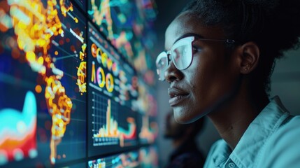 Obraz premium A diverse team of professionals engages in a dynamic brainstorming session, analyzing data charts and graphs projected onto a large screen. Their collaborative efforts reflect the spirit of