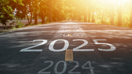 New year 2025 or straight concept. Text 2024, 2025, 2026 written on the road in the middle of the road. Planning concept. Goals. New year 2025 challenge.