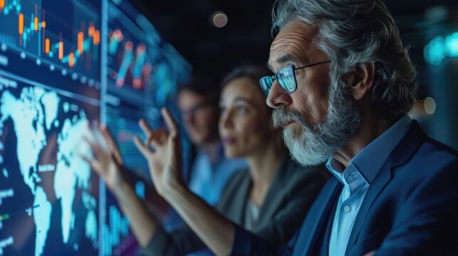 A diverse team of professionals engages in a dynamic brainstorming session, analyzing data charts and graphs projected onto a large screen. Their collaborative efforts reflect the spirit of