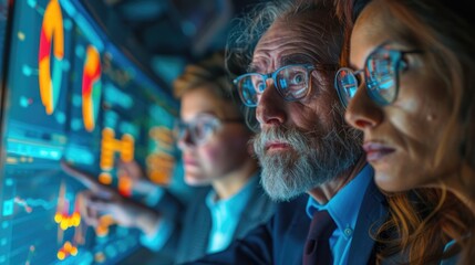 Obraz premium A diverse team of professionals engages in a dynamic brainstorming session, analyzing data charts and graphs projected onto a large screen. Their collaborative efforts reflect the spirit of