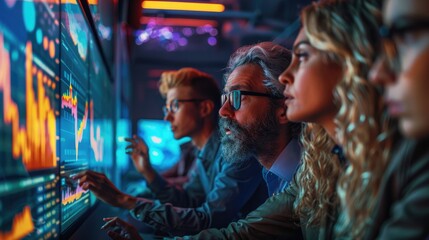 Obraz premium A diverse team of professionals engages in a dynamic brainstorming session, analyzing data charts and graphs projected onto a large screen. Their collaborative efforts reflect the spirit of
