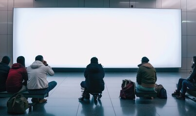 People sitting in an airport terminal in front of a wide white screen