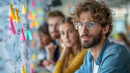 A focused team of professionals engage in a brainstorming session, utilizing colorful sticky notes and whiteboards to visually map out their analysis and insights.