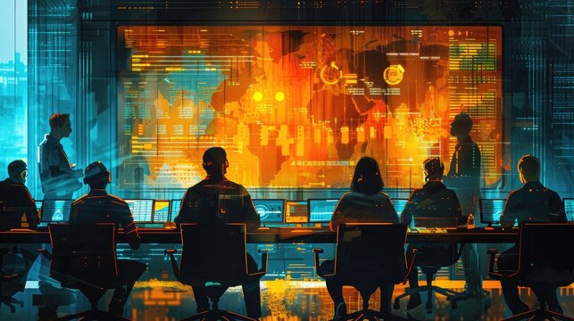 A diverse team of professionals engages in a dynamic brainstorming session, analyzing data charts and graphs projected onto a large screen. Their collaborative efforts reflect the spirit of