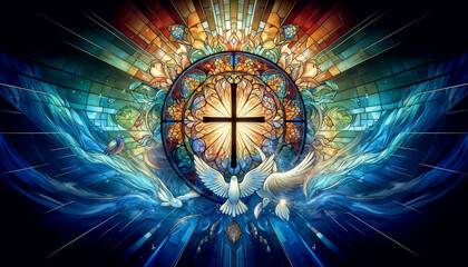 Stained Glass Window With Dove and Cross