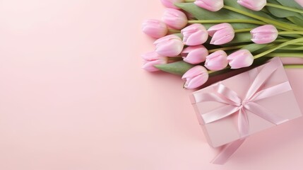 Obraz premium A beautiful bouquet of pink tulips and a wrapped gift box on a solid pink background.