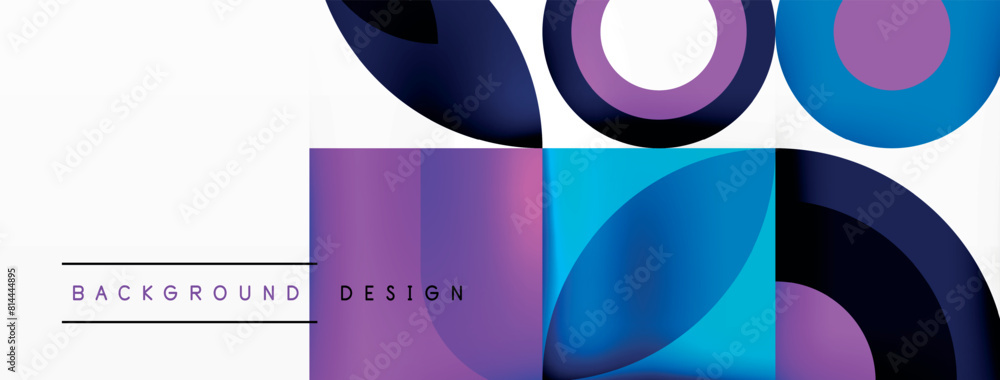 Aufkleber Light purple, violet, and magenta circles and squares create a vibrant pattern on an electric blue background. Rectangles and tints and shades add depth to the colorful design