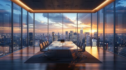 Fototapeta premium High above the city skyline, a panoramic view of a corporate boardroom reveals executives engaged in a strategic planning session, surrounded by panoramic windows and sleek, modern furnishings. The