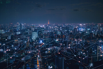 Fototapeta premium 5G Connectivity concept featuring a cityscape at night with digital, glowing connection lines, illustrating a global, futuristic network powered by smart technology and AI 
