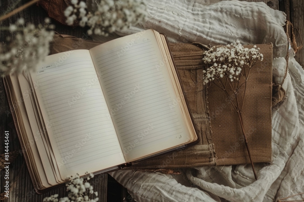 Poster a beautifully arranged concept of journaling, featuring a neatly opened notebook with blank pages re