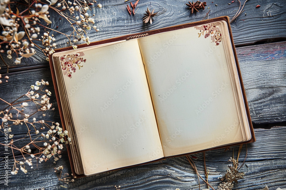 Poster a beautifully designed journaling notebook lies open to a blank page, inviting creativity the page i