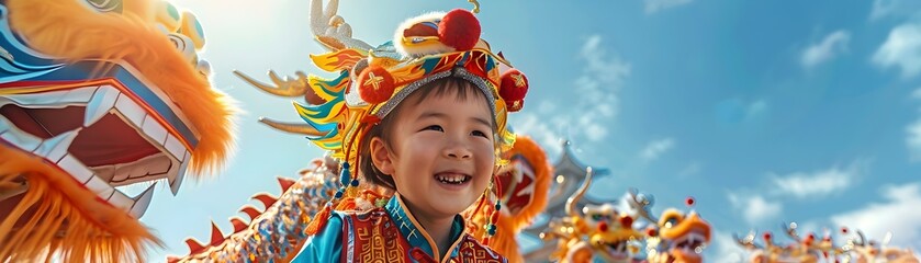 Joyful Children Performing Vibrant Dragon Dance at Colorful Cultural Festival